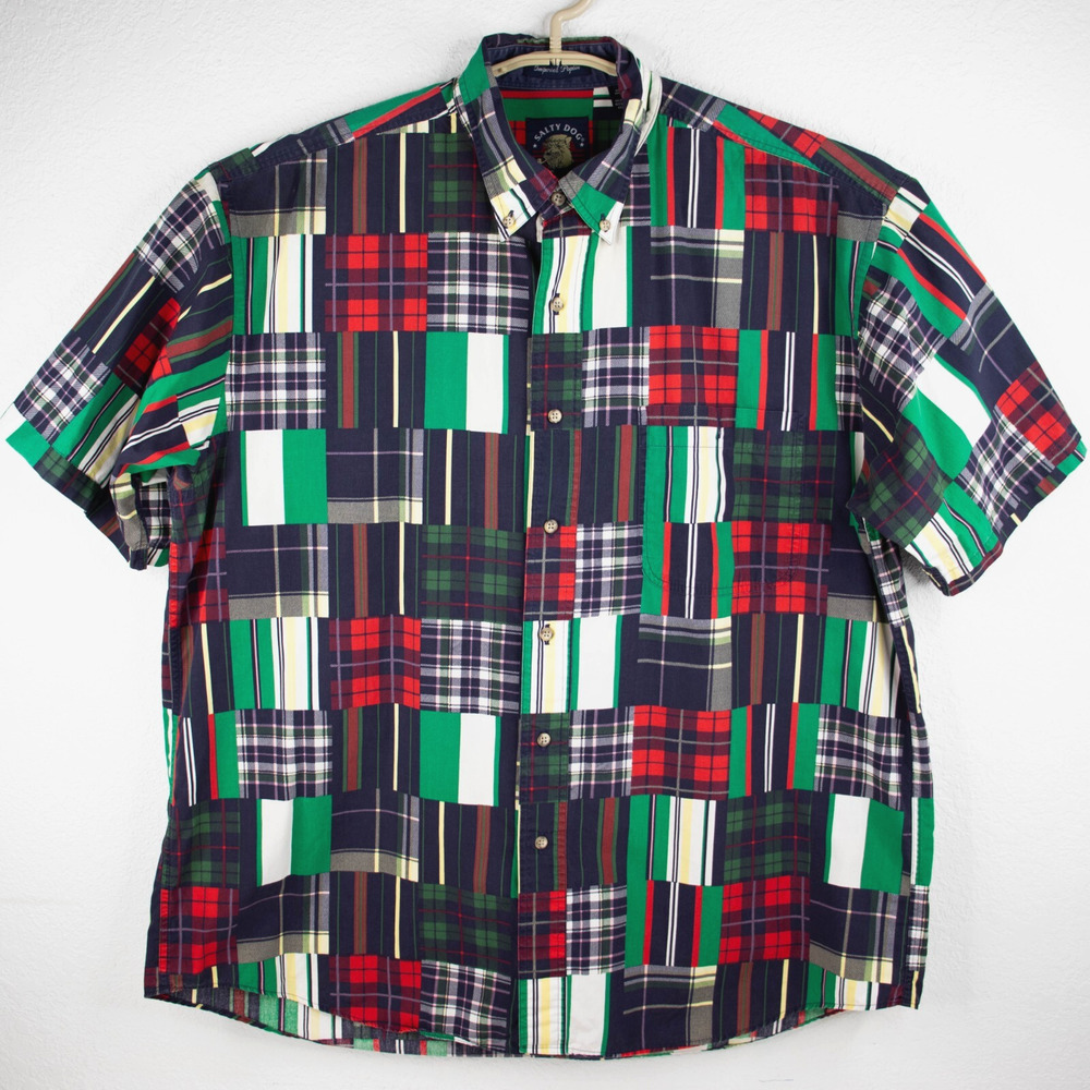 Salty Dog Gant Imperial Poplin Multicolor Plaid Patchwork SS Shirt Mens Size L